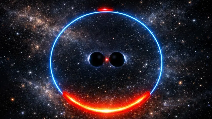 Simulated image of starlight gravitationally lensed by a supermassive black-hole binary.