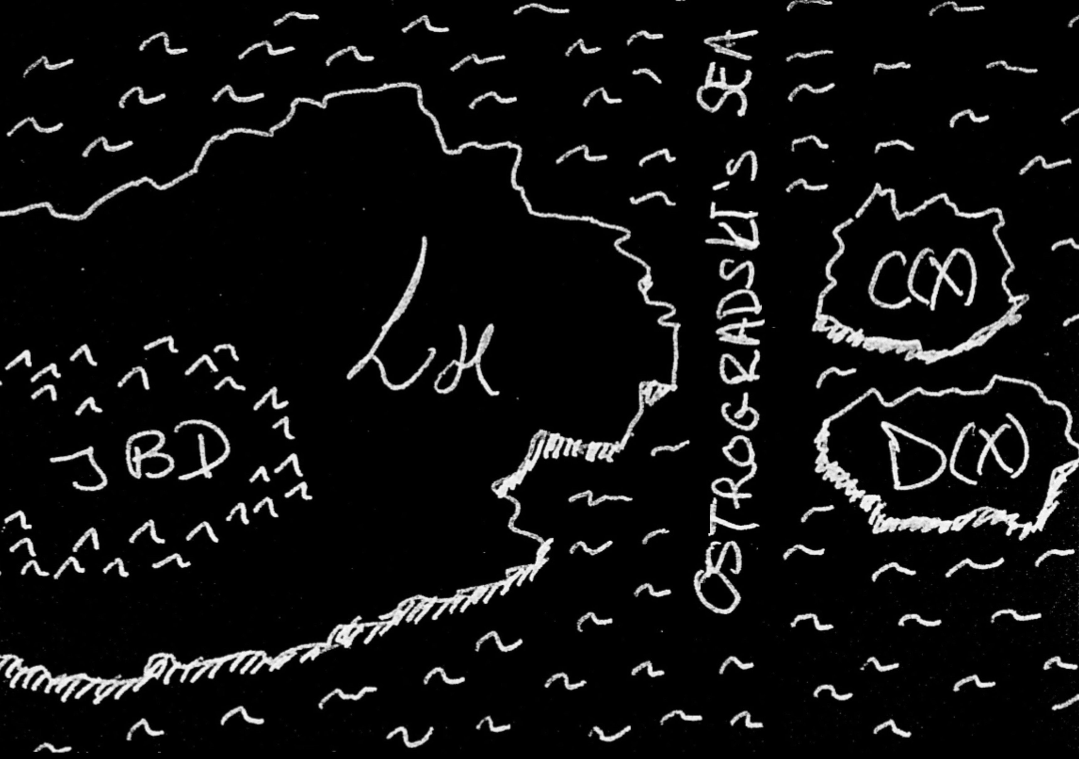 Hand-drawn map of scalar–tensor theory space, showing labeled regions such as JBD and Horndeski as islands separated by an expanse marked Ostrogradski's Sea.
