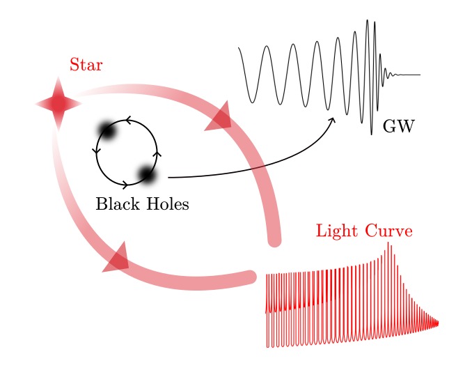 Diagram: light from a star curves around a pair of orbiting black holes, which also emit a gravitational wave, and arrives as a light curve of repeated sharp peaks.